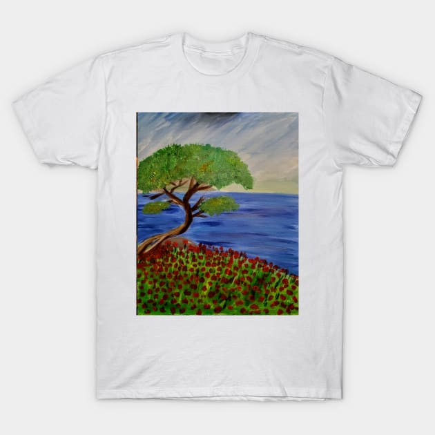 Bonzai tree over the edge of a cliff with poppies growing everywhere and a small island in the distance. T-Shirt by kkartwork